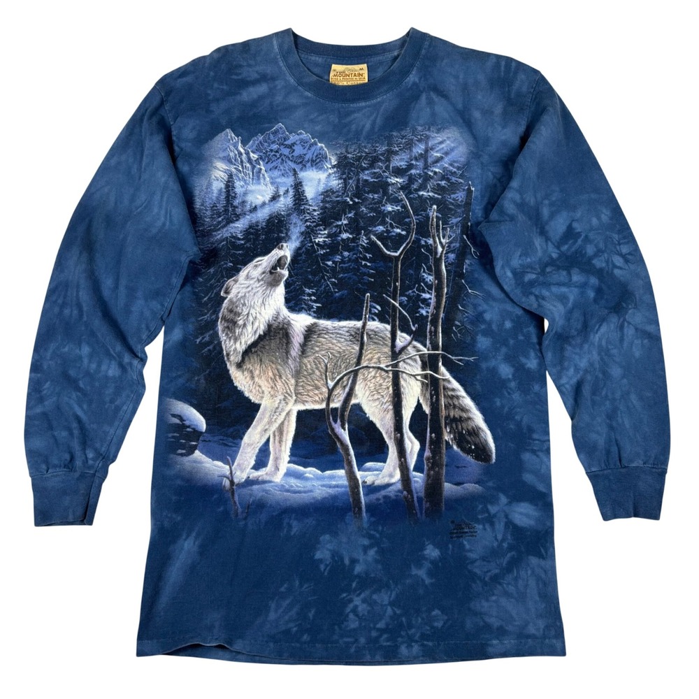 Vintage The Mountain Wolf Howling Snow Tie Dye Long Sleeve Shirt Blue Men Medium
